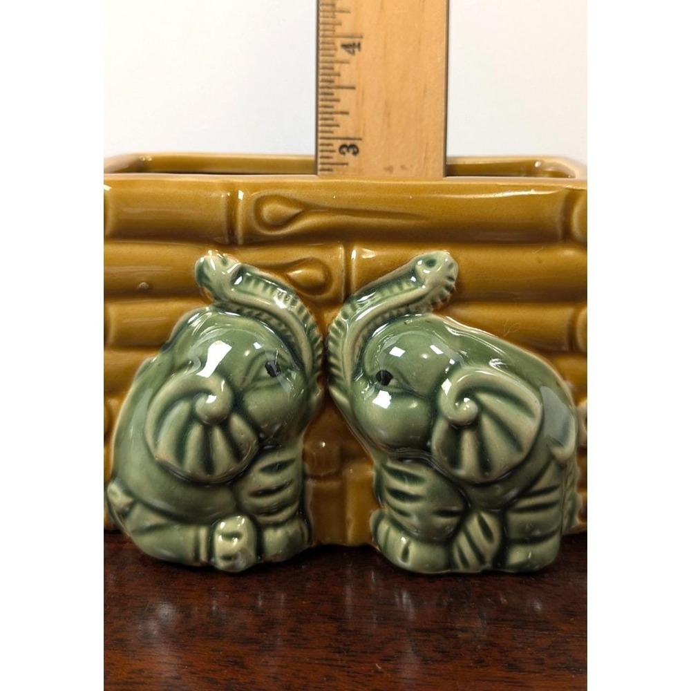Vintage Ceramic Elephant Bamboo Planter Cachepot Rectangular Green Brown Mid Cen - Picture 8 of 8
